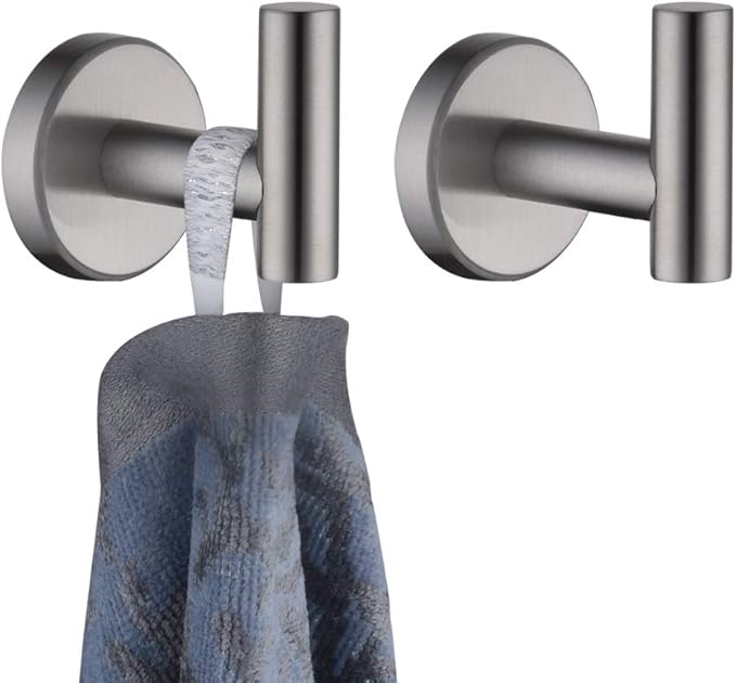 JQK Bathroom Towel Hook Brushed, Coat Robe Clothes Bath Wall Hooks for Kitchen Garage SUS 304 Stainless Steel Thick 0.8mm, 2 Pack Brushed Steel, TH100-BN-P2-NeatNest