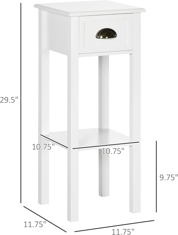HOMCOM 2-Tier Side Table with Drawer, Narrow End Table with Bottom Shelf, for Living Room, Set of 1, White