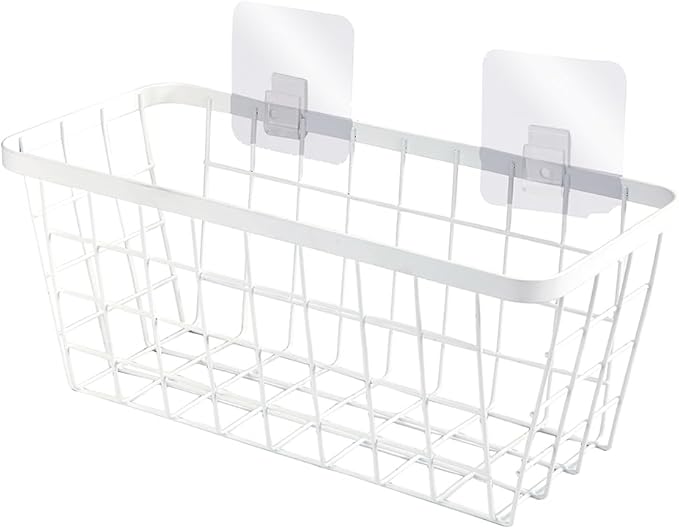 LeleCAT White Hanging Kitchen Baskets For Storage Adhesive Sturdy Small Wire Storage Baskets No Drilling Wall Mounted Kitchen Food Pantry Bathroom Shelf Storage, 4 PACK,White-NeatNest