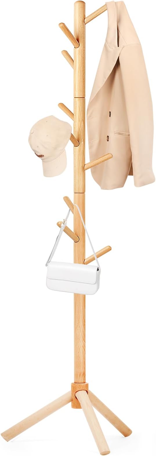 Beech Wood Coat Rack Stand with 9 Hooks, 3 Height Adjustable, simple Freestanding Solid Wooden Coat Tree Hanger for Clothes, Hats, Scarves, bags, Jackets, Bedroom, livingromm(Natural Wood)-NeatNest