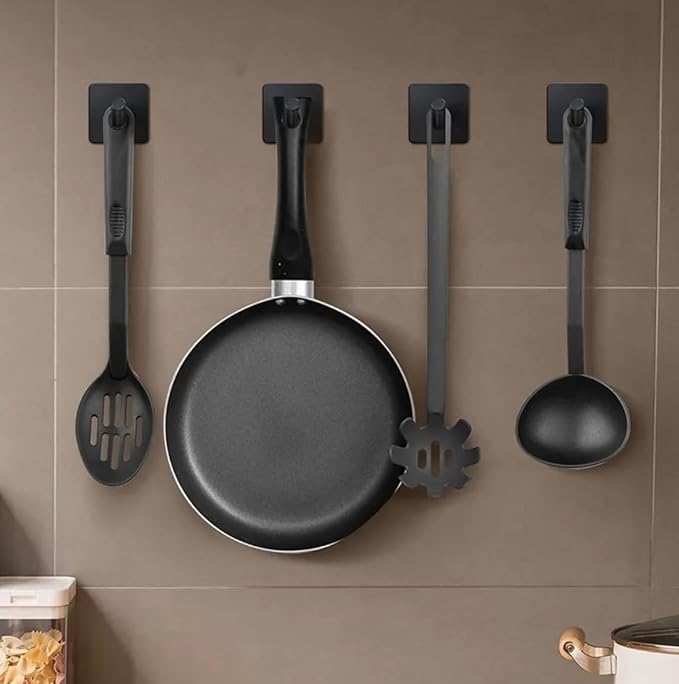 Adhesive Hooks- 4 Pcs, Towel Hooks for Inside Shower, Heavy-Duty Adhesive Wall Hook, Rust-resitant Hooks for Hanging, Sticky Hook for Walls No Damage (Black)