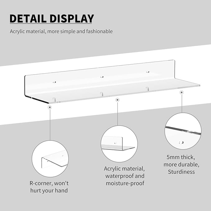 Acrylic Wall Shelves 36 24 12 Inches, Clear Floating Shelf for Wall, Wall Mounted Display Shelves for Plants, Radio, Funko Pop, Stuffed Animal, Books, Clock, Cosmetics, Toiletries-NeatNest