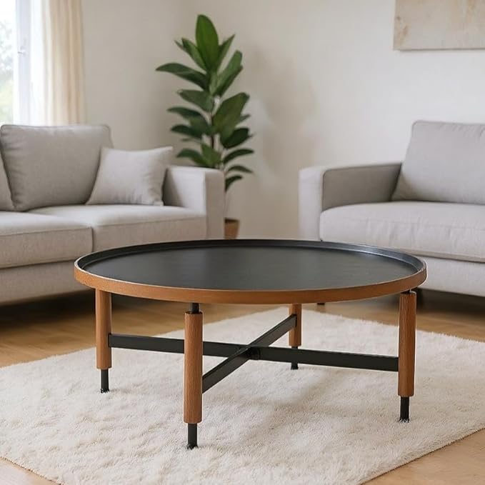 LukeAlon Modern Round Coffee Table Circle Wooden Table Top with Black Cross Legs Base, Rustic, Vintage, Living Room Easy Assembly, Black(31" D x 31" W x 13.5" H)