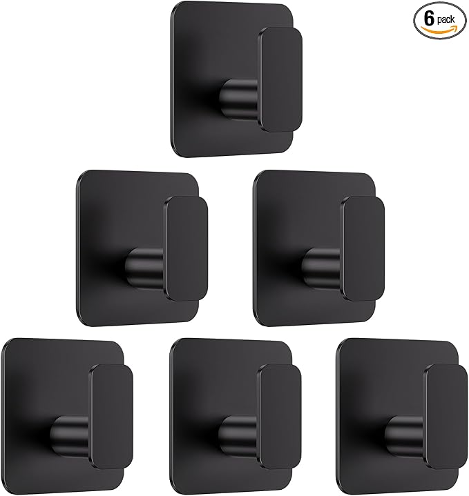 Black Hooks for Hanging Heavy Duty, Adhesive Hooks for Shower, Bathroom, Kitchen, Robe, Towel, Coat, Waterproof & Rustproof Hook for Walls No Damage, Stainless Steel Sticky Hook - 6 Pack-NeatNest
