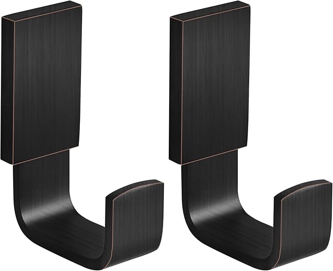 BESy Brass Clothes Hook Single Towel Hook for Bathroom Kitchen Garage Square Style Robe Hooks Coat and Hat Hook, Self Adhesive with Glue or Wall Mounted with Screws, Two Packs, Oil Rubbed Bronze-NeatNest