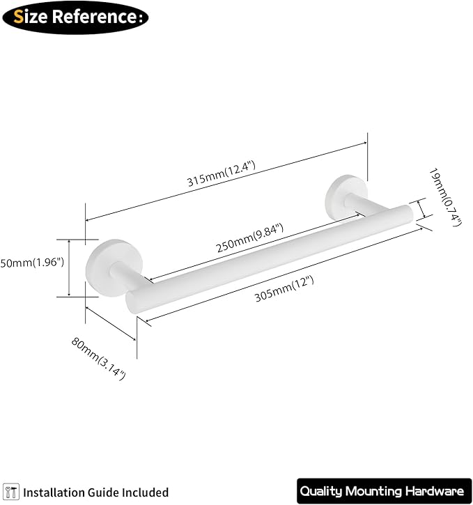 GERZWY 12-Inch Bathroom Towel Bar SUS 304 Stainless Steel Bath Towel Bar Modern Round Style Wall Mount, White