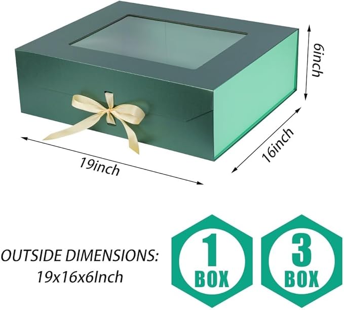 3 Pcs Extra Large Green Gift Box for Presents with Ribbon 19x16x6 Inches Clear Gift Box with Window Magnetic Closure Gift Boxes with Lids-NeatNest