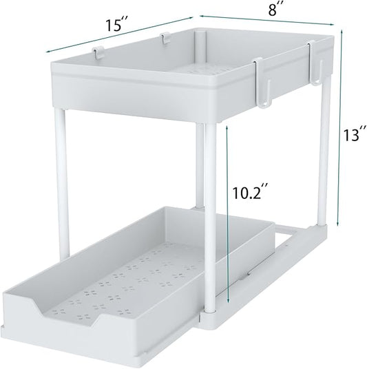 Cabinet, 2 Pack Under Sink Organizer, 2 Tier Sliding Bathroom Kitchen Organizer, Large White ABS Baskets, Easy Install & Clean-NeatNest