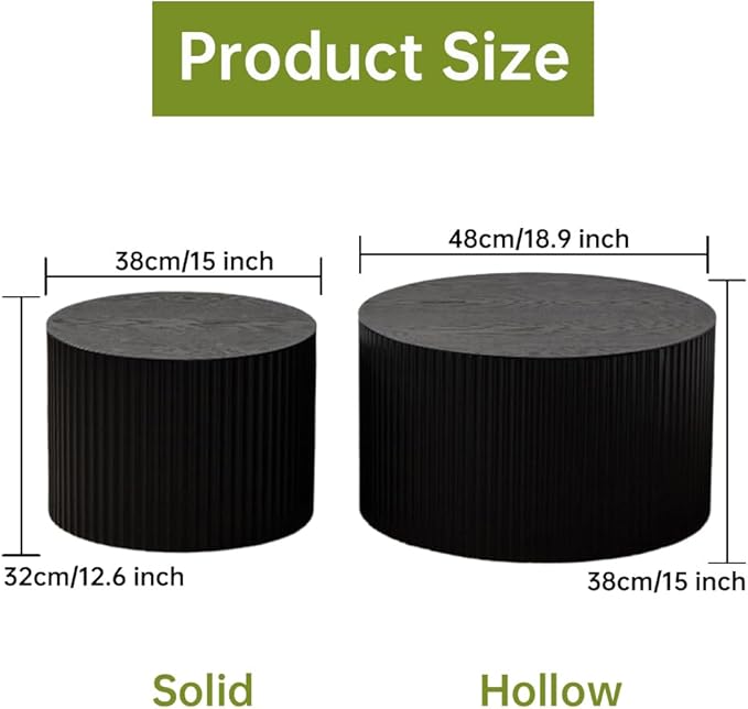 Round Nesting Coffee Table Modern Fluted Coffee Table Set of 2 Stripe Round Coffee Tables Circle Drum Coffee Tables Side Table Accent End Table for Living Room (Black Small)