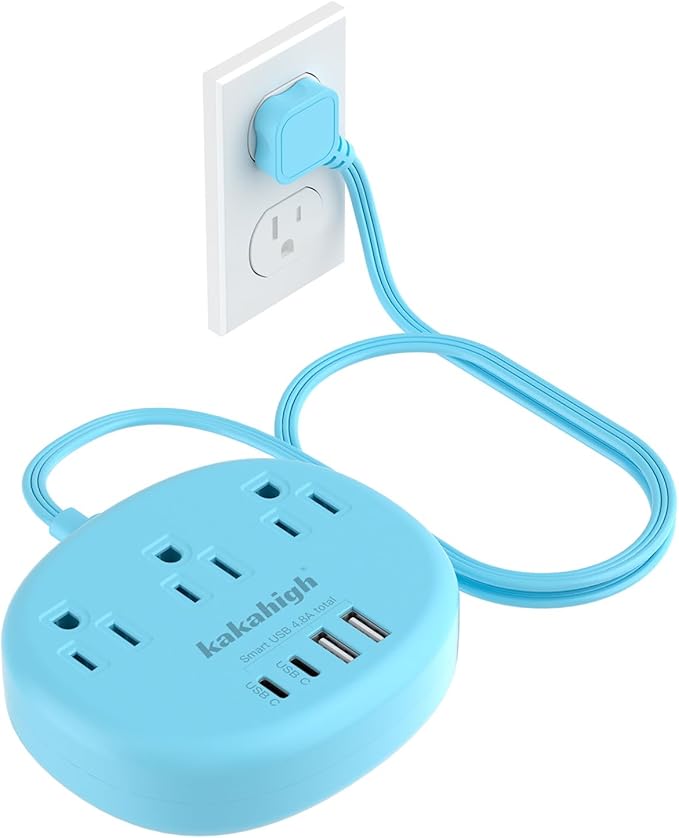 Blue Extension Cord with Surge Protected 1080J - 5 FT Flat Extension Cord, 1625W Cute Extension Cord with 3 AC Outlet 4 USB (24W/4.8A), Compact for Cute Blue Kawaii Desk Accessories-NeatNest