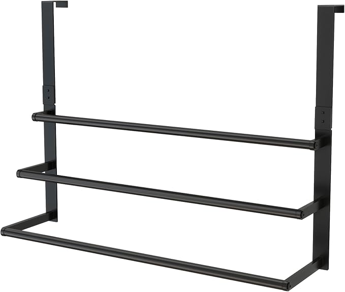 24Inch Over The Door Towel Rack, Stainless Steel DOKU Door Towel Hanger, Over Door Towel Holder with 3 Tier Towel Bars, Matte Black Over Door Towel Storage for Bathroom