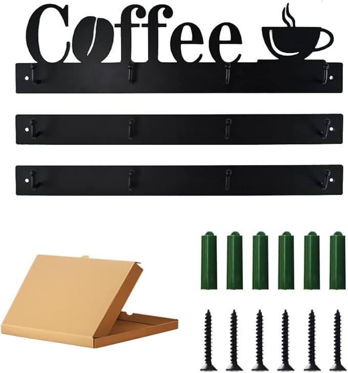 Coffee Mug Holder Wall Mount With 12 Hooks, 3 Packs Metal Mug Rack With Tea Sign, Cup Hanger for Bar Kitchen Organizer Display, Corner Nook Decor, Black-NeatNest