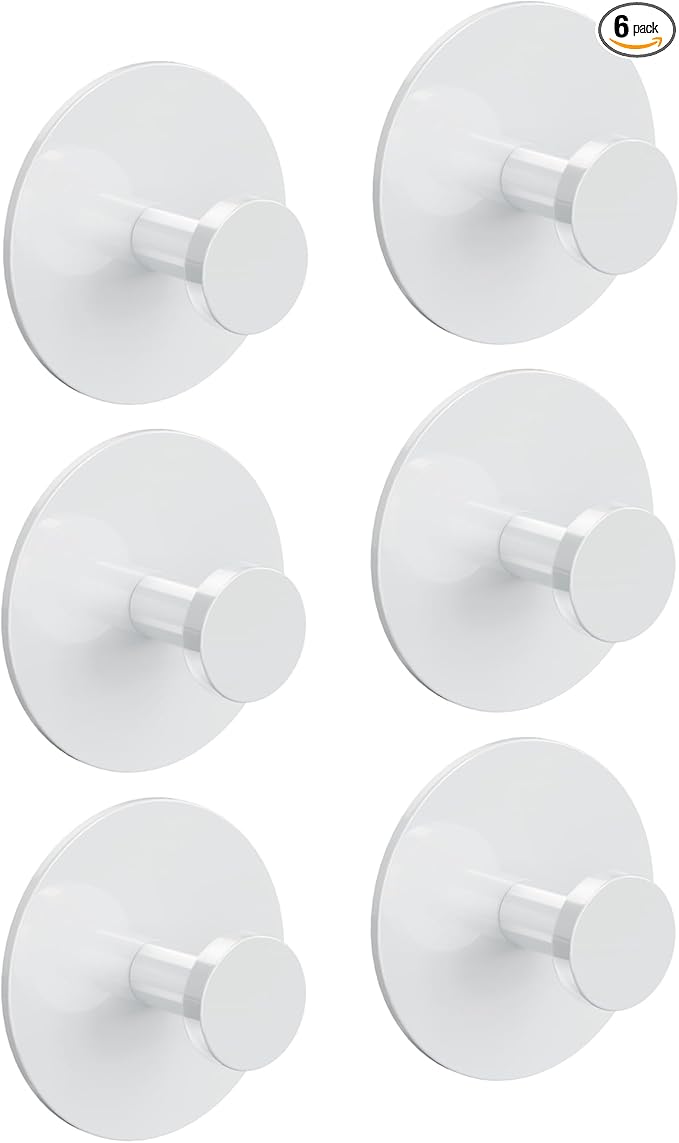 Adhesive Wall Hook for Coat and Towel: Extra Sticky 12 LB (Max), Stainless Coat Rack Door Holder Hanger, White 6-Pack Heavy Duty