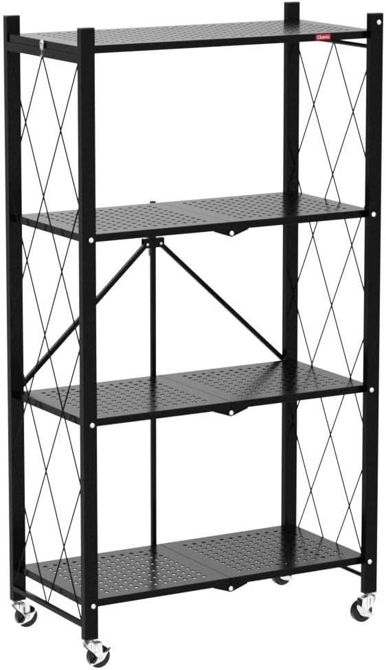 DEANIC 4 Tier Foldable Storage Shelves with Wheels, Large Capacity Shelving Unit, Freestanding Metal Wire Shelf Rack, No Assembly Organizer Rack for Garage Kitchen, Basement, Pantry(Black)-NeatNest