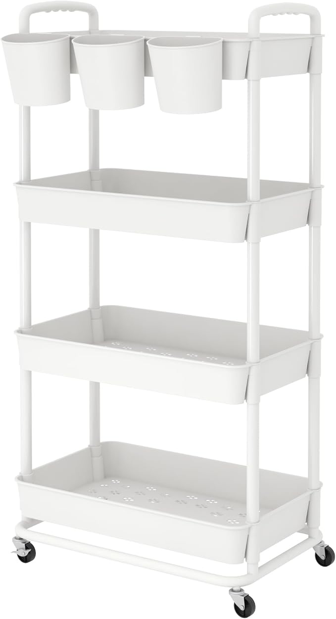 JIUYOTREE 4-Tier Plastic Rolling Storage Cart Utility Cart with Extra Hanging Cups Handles Lockable Wheels for Living Room Bathroom Kitchen Office White-NeatNest