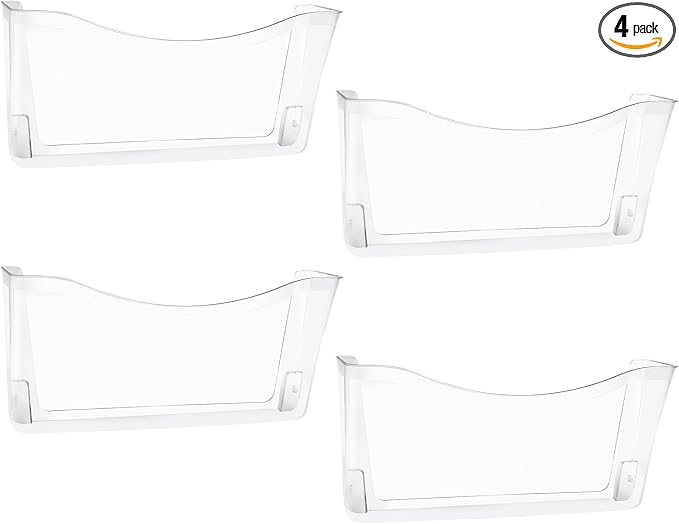 EASEPRES 4 Pack Clear Single Pocket Hanging File Organizer, Plastic Wall Mount Paper Mails Magazines Holder, Mounted Folder Bins for Office, School and Home, 13.85x3.14x6.88 inches