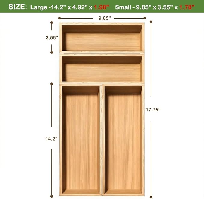 Bamboo Drawer Silverware Organizer, Flatware Organizer, Bamboo Storage Box for Office, Bathroom and other objects storage (large14.2 x5 x2 Small 9.85"x3.55"x1.78"- Set of 4)-NeatNest