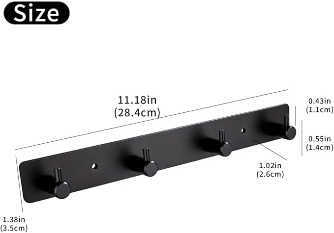 Adhesive Bathroom Black Hook Rail, 4 Matte Black Wall Key Hooks Rack Hanger Towel Robe Stick Door Hooks for Bathroom Toilet Entryway Hallway Kitchen Wall Mounted