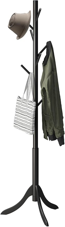 Black Coat Rack Stand, Bamboo Wood Freestanding Coat Tree with 8 Hooks, Hallway Entryway Hat Hanger Organizer Standing for Bedroom, Office, Clothes, Jackets, Bags, Umbrallas-NeatNest