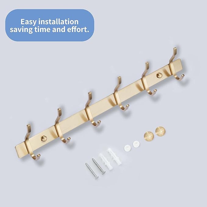 AZW Coat Rack Wall Mount,Heavy Duty Stainless Steel Metal Coat Hooks Hanging for Robes Bags Keys Hat Clothes and Bathroom Door Towels Hanger(Brusshed Brass Gold 6 Hooks)-NeatNest