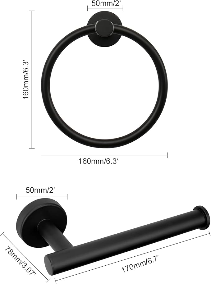 Bathroom Hardware Set 2 Pieces Towel Ring and Toilet Paper Holder 304 Stainless Steel Hand Towel Holder and Towel Hanger Wall Mounted (Matte Black)