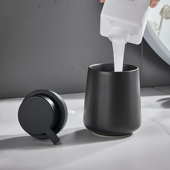 12Oz Black Soap Dispenser - Modern Ceramic Lotion Hand Soap Dispenser with Easy-to-Press Black Pump, Reusable and Refillable Liquid Dish Soap Dispenser for Bathroom & Kitchen-NeatNest