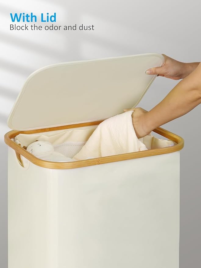 efluky Laundry Basket with Wheels, Tall Rolling Laundry Hamper with Lid and Removable Bag, Aesthetic Dirty Clothes Hamper on Wheels for Laundry Room, Bedroom, Dorm and Bathroom, 100L Beige-NeatNest