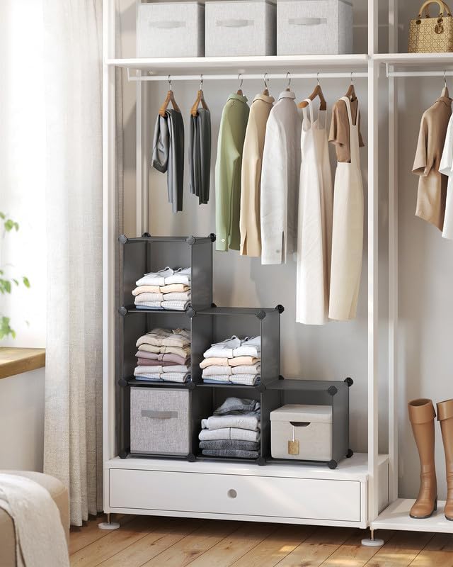 SONGMICS 6 Cube Storage Organizer, Modular Bookshelf, DIY Closet Organizers and Storage, Plastic Stackable Shelves, 11.8 x 11.8 x 11.8 Inch Cubes, with Feet and Rubber Mallet, Gray ULPC06G