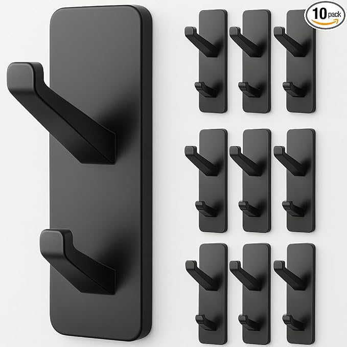 10-Pack Wall Hooks for Coat Towel: 13LB Adhesive Door Hanger Stick on, Black