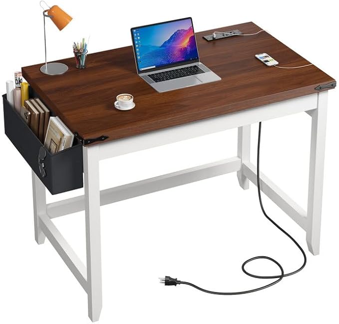 EnHomee 32 Inch Small Desk with Detachable Storage Bag, Modern Simple Computer Desk with Power Outlet, Study Writing Table for Small Spaces, Study Desks for Bedroom, Brown & White-NeatNest