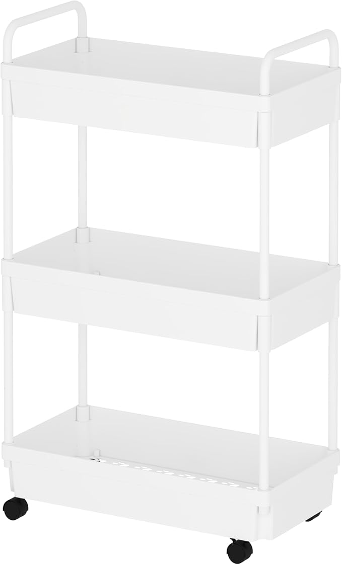 3-Tier Storage Cart,Shelf Organizer Mobile Shelving ,Utility Rolling Cart,Multifunction Movable Storage Organizer with Lockable Wheels,White-NeatNest