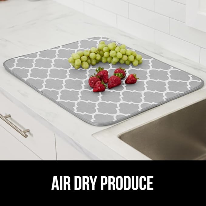 GORILLA GRIP Ultra Water Absorbent Microfiber Dish Drying Mat, Quick Dry Thick Mesh, Slip Resistant Pad for Sink Dishes or Under Rack, Kitchen Counter Accessories, 16x18, Machine Wash Mats, Quatrefoil