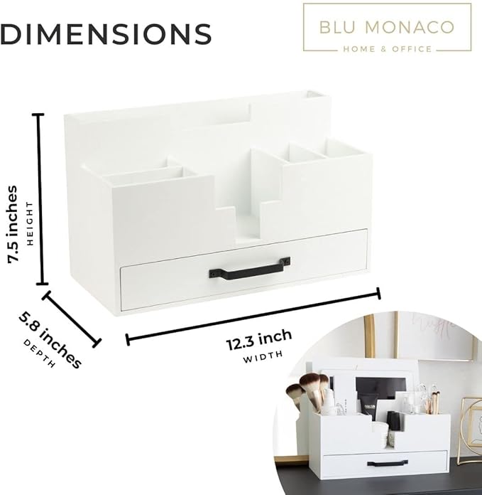 BLU MONACO White Wood Desk Organizer with Drawer – Home Office Accessories for Women – Compact Desktop Storage Solution-NeatNest