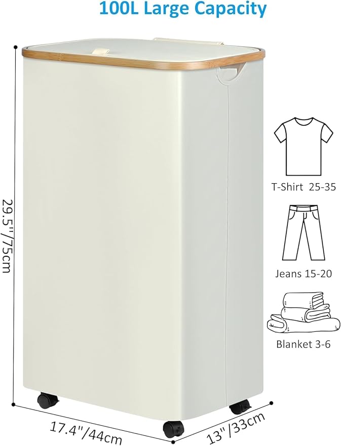 efluky Laundry Basket with Wheels, Tall Rolling Laundry Hamper with Lid and Removable Bag, Aesthetic Dirty Clothes Hamper on Wheels for Laundry Room, Bedroom, Dorm and Bathroom, 100L Beige-NeatNest