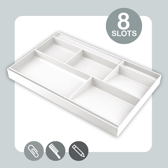 Acrimet Desk Drawer Organizer Tray with 8 compartments Bin Multi-Purpose for Desk Supplies and Accessories (Plastic) (White Color)-NeatNest