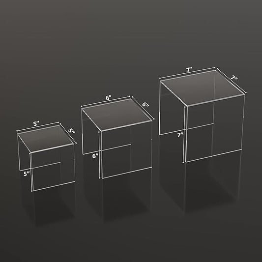 Clear Acrylic Risers 3 pcs, Square Acrylic Food Display Stands Tabletop, Display Shelf for Vendors, Collectibles, Funko Pop, Food, Glasses, Perfume, Small Plants - 5''x6''x7''-NeatNest