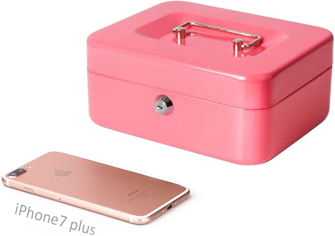 Decaller Cash Box with Money Tray, Metal Locking Money Box with Key Lock for Security, 7 4/5" x 6 4/5" x 3 3/5", Pink-NeatNest