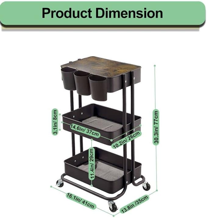 3-Tier Metal Utility Rolling Cart Storage Side End Table with Cover Board and Handle for Office Home Kitchen Organization, Black