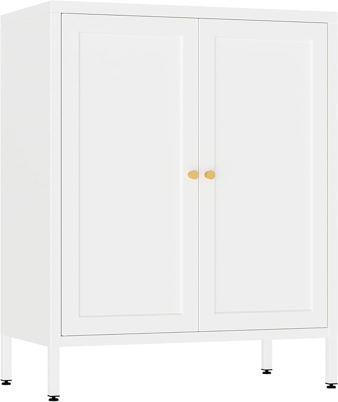 2 Door Metal Accent Cabinet, Small Sideboard, Locker Style Accent Storage Cabinet with Doors and Adjustable Shelves for Home, Office, Living Room, Kitchens (Square Door, White)