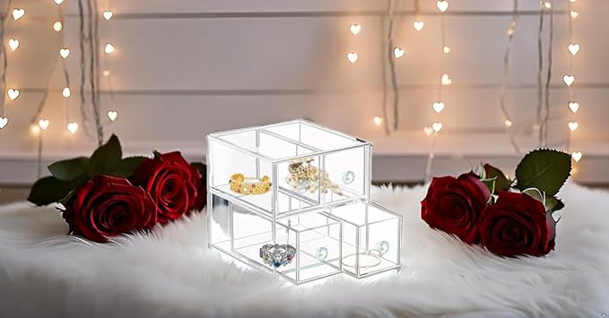 Acrylic Jewelry Box Clear Jewellery Storage Drawer Transparent Cosmetic Display Stand Holder Home Organizer Tray for Earring Necklace Rings Bracelet Makeup (4 drawer)-NeatNest