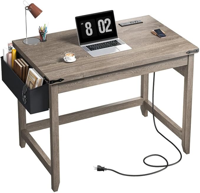 EnHomee 32 Inch Small Desk with Detachable Storage Bag, Modern Simple Computer Desk with Power Outlet, Study Writing Table for Small Spaces, Study Desks for Bedroom, Ash Gray-NeatNest