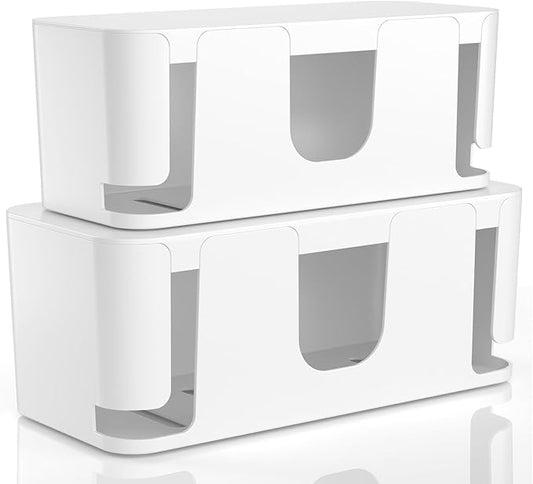 Delamu 2 Pack Cable Management Box, Stylish Cord Organizer for Desk, Pet & Child-Proof ABS Cords Hider Box, Under Desk Cable Box for Computer Router USB Hub & Power Strip, White-NeatNest