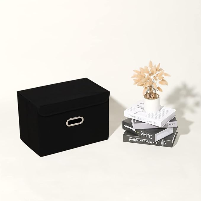 Fabric Foldable Collapsible Storage Cube Bin Organizer Basket with Lid, Handles, Removable Divider for Home, Closet (Black, 3Pcs)