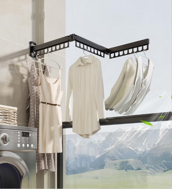 Clothes Drying Rack Carbon Steel Laundry Drying Rack Collapsible Black Wall Mounted Clothes Rack Clothes Hanger Rack with Hooks for Drying Clothes 47 Inch