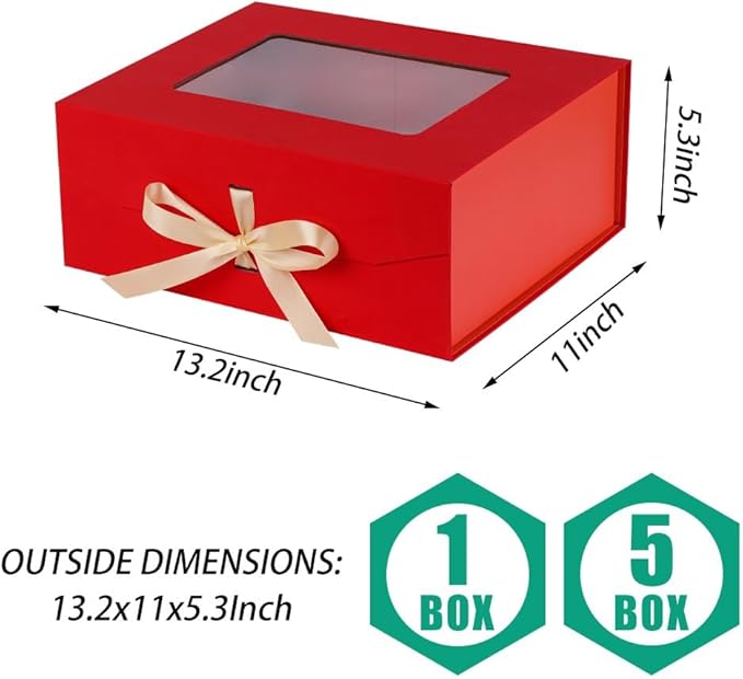 5 Pcs Red Gift Box for Presents with Ribbon 13.2x11x5.3 Inches Clear Gift Box with Window Magnetic Closure Gift Boxes with Lids-NeatNest