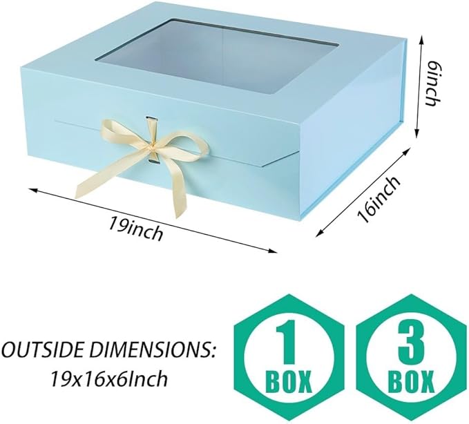 3 Pcs Extra Large Blue Gift Box for Presents with Ribbon 19x16x6 Inches Clear Gift Box with Window Magnetic Closure Gift Boxes with Lids-NeatNest