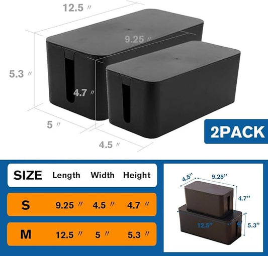 Cable Management Box Organizer, Pack of 2 Wire Concealer to Cover Hide Surge Protector & Power Strip on Desk Floor, with 5 Cord Fastening Tapes for Office, Home, Kitchen (Luxury Black)-NeatNest