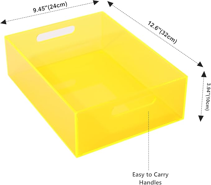 Acrylic Storage Bin Pantry Storage Container with Handles Kitchen Organizer Bin for Cabinet Cupboard Organization, Heavy Duty, 12.6 x 9.4 x 4'', Neon Yellow