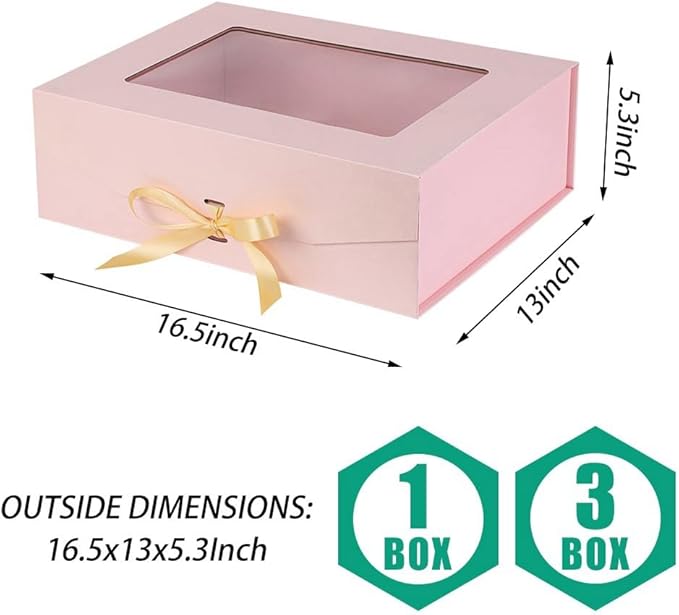 3 Pcs Pink Extra Large Gift Box for Presents with Ribbon 16.5x13x5.3 Inches Clear Gift Box with Window Magnetic Closure Gift Boxes with Lids-NeatNest