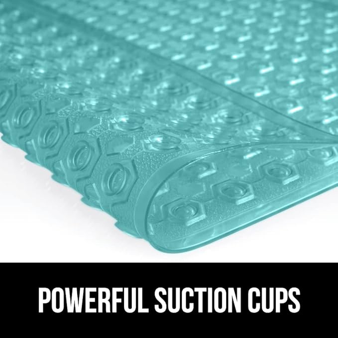 GORILLA GRIP Patented Bath Tub Shower Mat, Machine Washable Bathtub Floor Liner Mats, Suction Cups and Drain Holes to Keep Tubs Clean, Soft on Feet, Bathroom Essentials, 35x16 Inch, Clear Turquoise-NeatNest